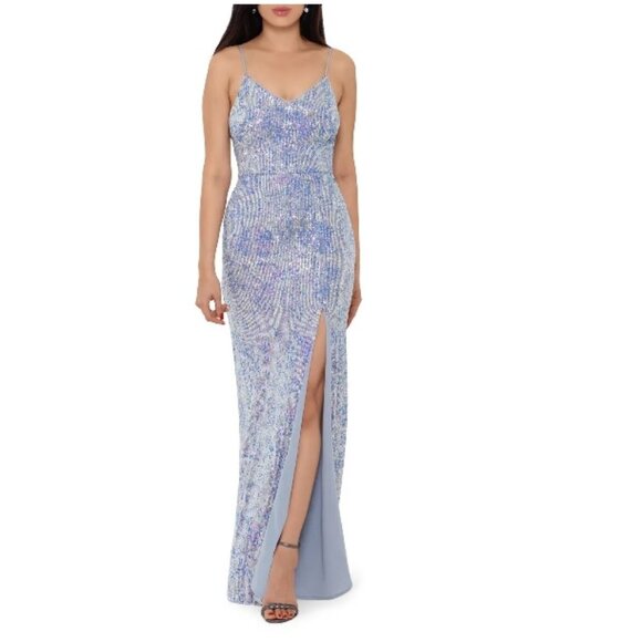 🎁 Women's Xscape Sequin Stripe Slit Gown Maxi Dress - Picture 1 of 9